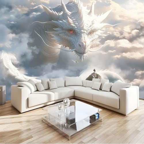 Cartoon-Stil Fototapete 3D Effekt Bergweißer Drache Fototapeten Wandbild Motivtapeten Vlies-Tapeten Moderne Wandtapete Wand Schlafzimmer Wohnzimmer Dekoration B250 x H175 cm