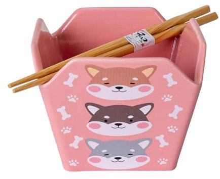 Urban Tokyo kinesisk takeout låda stil porslinsskål med ätpinnar 53 ml fyrkantig form för risnudlar pasta att gå, mikrovågsugn diskmaskinssäker (Shiba Inu)