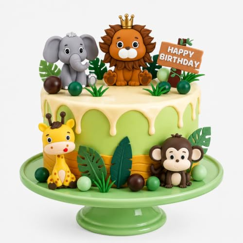 Tortendeko Dschungel Safari，19 Stück Tierische Cake Topper für Kindergeburtstag，Löwe,Giraffe,Affe und Elefant，Perfekte Deko für Safari Themenpartys, Baby Shower und Geburtstage，Tiere Geburtstag Deko