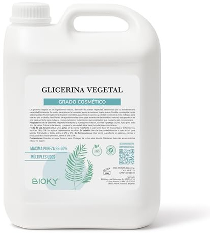 Bioky Glicerina Líquida 5L – Hidratante Cabello y Piel - Para Secar Flores – Glicerina Pura Multiusos - Origen Vegetal – Humectante Cremas, Lociones, Sérums - Cosmética Natural (5 litros)