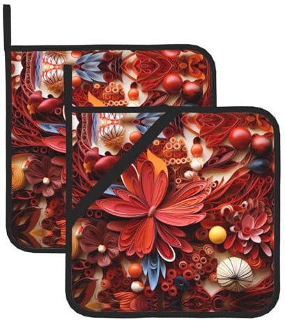 Phayah Set di 2 presine a forma di fiore di carta rossa, 20,3 x 20,3 cm, con passante resistente al calore, per grigliare pentole calde