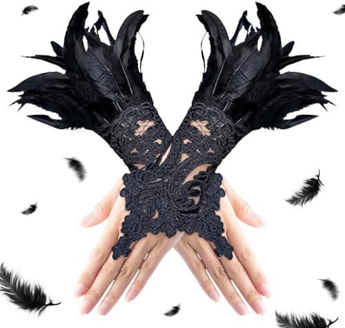 Taufe Damen Schwarz Feder Handschuhe,Damen Schwarz Feder Spitze Fingerlose Lange Handschuhe,Dame-n Vintage Spitzenhandschuhe,Dekorative Federärmel,für Hochzeit Halloween Karneval Kostüm Zubehör