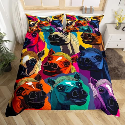 Set di biancheria da letto matrimoniale con copripiumino per bambini e bambine, con motivo graffiti e cavalli divertenti, stile retrò grunge, decorazione per la camera da letto con cerniera