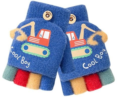 OTKARXUS Kids Fingerless Gloves,1 Pair Cartoon Excavator Convertible Flip Top Glove,Warm Winter Knitted Half Finger Mittens Gloves for Toddler Kids Boys Girls 4-8 Years (Navy Blue)