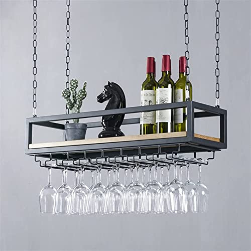 SZITW Portabicchieri da soffitto - Portabottiglie sospeso, Portabicchieri da Parete in Metallo, Portaoggetti a Catena con corrimano, Espositore Capovolto in Legno massello Loft (Dimensioni: 60X25X