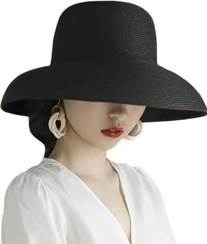 YEKEYI Sun Hats for Women Wide Brim Beach Hat Straw Hat UPF Travel Foldable Brim Summer UV Hat Black