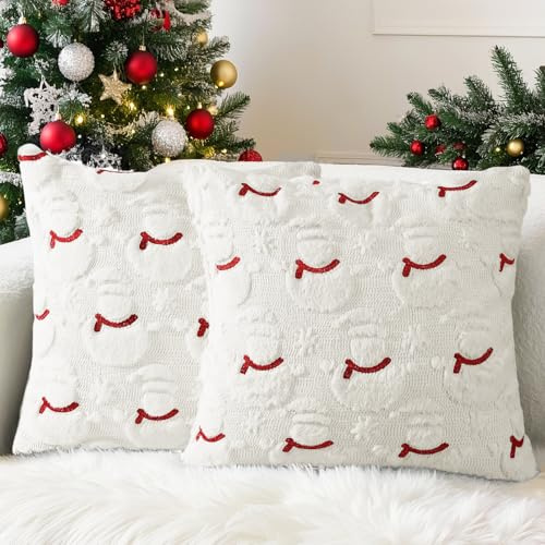 Lonya Juego de 2 Cojines Navidad 45x45cm Suave Terciopelo Fundas Cojines Navideños Decoración para Sofá Dormitorio Oficina Salón Muñeco de Nieve-Blanco-F