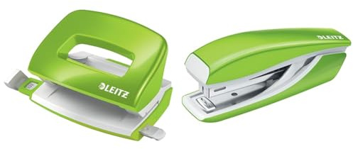 Leitz Mini-Locher + Mini-Heftgerät, für 10 Blatt, Anschlagschiene mit Formatangaben, Tacker mit 1000 Heftklammern, Ergonomisches Design, Grün, WOW-Serie, 50601054 + 55281054