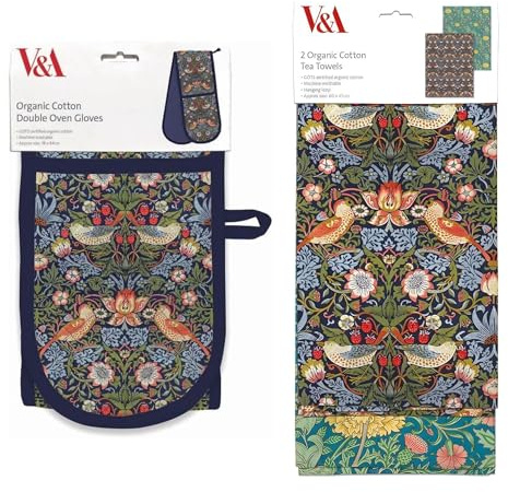 Museums & Galleries Double Oven Glove and Tea Towel Set - Organic Cotton - William Morris 'Strawberry Thief' - Artistic Botanical Design - Stylish Kitchenware