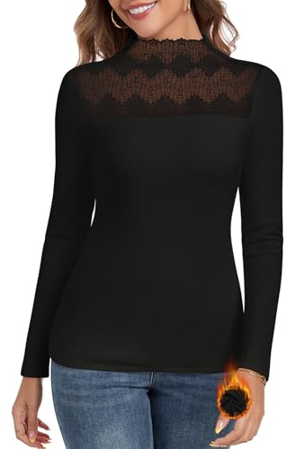 WOWENY Maglia termica da donna a maniche lunghe, top caldi in pizzo, pullover, maglia termica da donna, maglia funzionale, pullover a collo alto, canottiera invernale, Nero , L