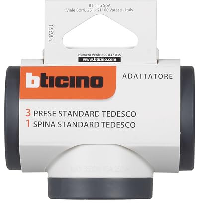 Bticino Adattatore S3626D, 3 Prese Schuko Standard Tedesco, Spina Grande 16A, Presa multipla su 3 Lati, Potenza Fino a 3500W, Multi Adattatore Versatile, Salvaspazio, Finitura Opaca, Bianco e Grigio