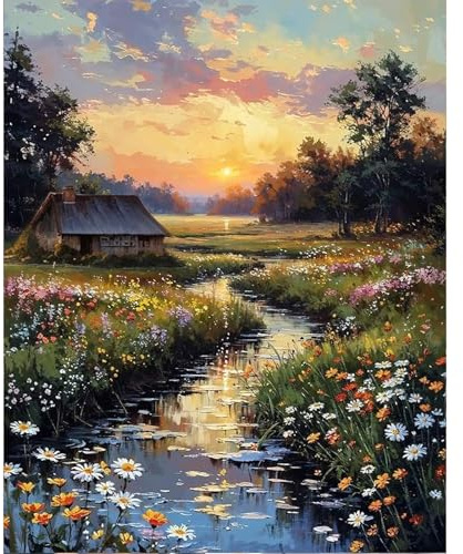Camocin Art Paint by Numbers for Adults - Countryside Sunset Adult Paint by Number Canvas Kits Without Frame, Sunset Landscape Oil Painting by Numbers Kit for Gift Home Wall Decor 16 x 20 Inch