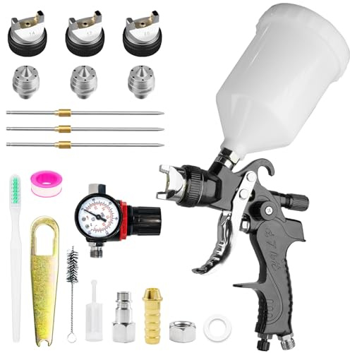 HVLP Lackierpistole Spritzpistole Kit mit 3 Düsen 1,4/1,7/2,0mm & Filter Separator, Profi Farbpistole Lackierpistole Druckluft Schwerkraft mit 600 ml Plastikbecher