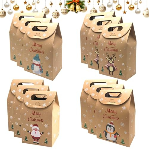 GUOYOU 12 Stück Weihnachts Kraft Geschenktaschen Weihnachten Papiertüten | Wiederverwendbar Weihnachten Geschenktüten weihnachtsverpackung für Süßigkeiten, Karton Geschenkverpackung, Partytasche