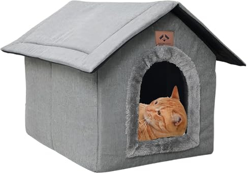 PLLYPE Katzenhaus Für Draußen Wasserdicht, Haustierhaus mit Plüschkissen, Hundehöhle mit Abnehmbarem, für Katzen und Hunde (Hellgrau, 40 * 35 * 40cm)