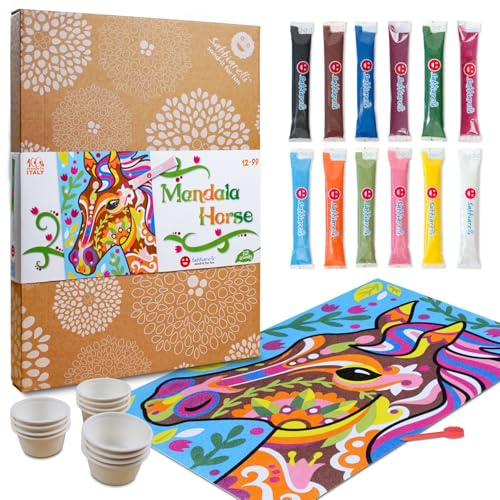 Sabbiarelli Sand-it For Fun – Maxi Set Mandala Cavallo 12-99 | Kit di Sand Art 100% Made in Italy con Sabbia Colorata, 1 Poster Adesivo e Accessori | Hobby Creativo Facile, Relax per Ragazzi e Adulti