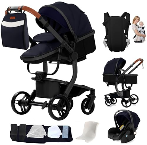 Aveainelle 3 in 1 Kinderwagen aus PU Leder, Wendbares Baby-Reisesystem, mit Einem Klick Zusammenklappbarer Kinderwagen und Komplettes Zubehör, Zwei Bremsmodi für Vorder- und Hinterräder（HG）