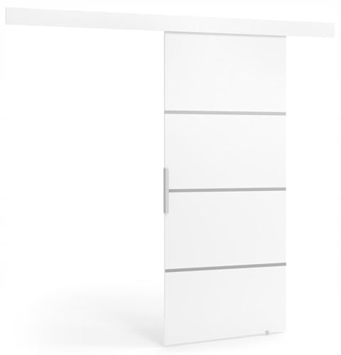 VIKK - Schiebetür Komplettset mit Tür - Schiebetüren - H 205cm, B 86cm - für Nischen, Flur, Abstellraum, Garderobe - Einseitig Bedienbar, Robustes Rollensystem - Modell: Bund - Silber