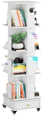 Saitedudu 4-stöckiges drehbares Bücherregal auf Rollen, um 360° drehbarer Bücherregalturm mit Schublade, platzsparendes, schmales Rollregal,weiß
