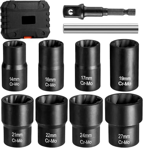 Bolt Extractor Set, 10 Piece Lug Nut Remover Socket Tool, 1/2 Drive Impact Wheel Lock Removal Kit for Removing Damaged, Dead, Rusted, Rounded-Off Bolts, Lug Nuts & Screws
