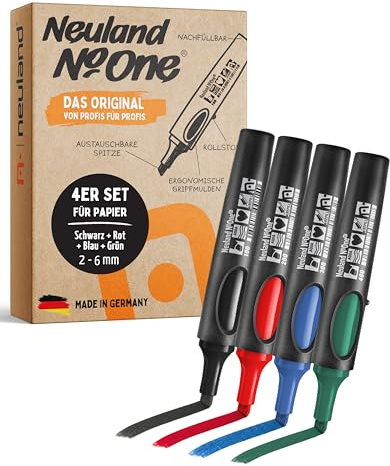 Neuland No.One® Flipchartmarker I Mehrfarbiges 4er Set mit Keilspitze 2-6 mm I Nachfüllbarer Marker für Trainer, Moderatoren & Coaches I Ergonomischer & langlebiger Flipchartstift