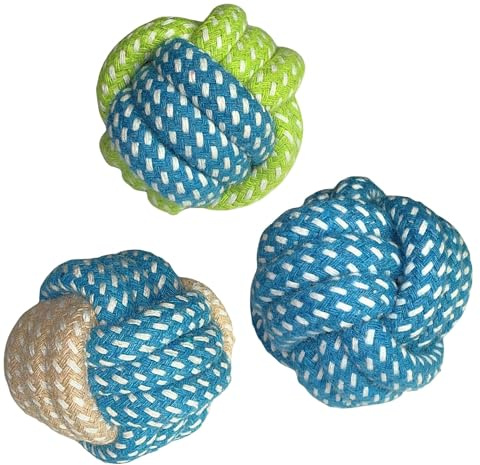 Cotton Rope Knot Ball / 3 Cotton Balls for Fetching Catch Chewing Teething/Toys for Small Dogs Indoor or Outdoor Play/Fetch and Catch Toy/Dog Dental Hygiene Ball