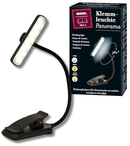 moses. libri_x Leselicht Panorama, LED Leselampe & Buchlampe mit 24 LEDs, mit 360° Schwenkkopf, 3 dimmbare Lichtfarben, Klemmleuchte mit USB-C & auswechselbarem Akku