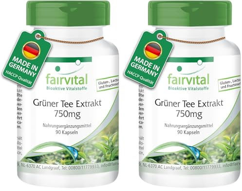 fairvital Grüntee Extrakt, 90 Kapseln, 1500mg Grüntee Extrakt pro Tagesdosis, 50% Polyphenole, 30% Catechine, 15% EGCG, 7% Koffein, HOCHDOSIERT, VEGAN, Camellia Sinensis (Packung mit 2)