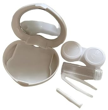 Kit de voyage pour lentilles de contact en forme de cœur avec coque rigide en plastique noir et blanc avec miroir, pince et bouteille, blanc, 72 X 58 X 21 Millimeters, Élégant et minimaliste