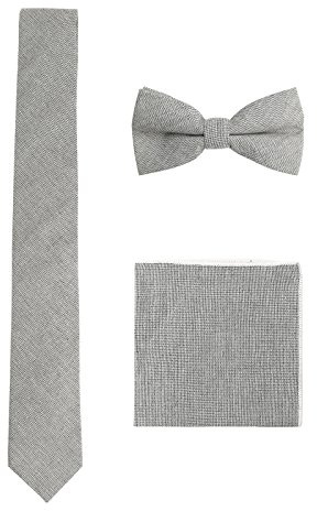 WANYING Hombre Algodón Casual 3 en 1 Set - Pajarita Clásica 6 * 12 cm & Corbata Estrecha 6 cm & Pañuelo del Bolsillo 22 * 22 cm - Lunares Gris
