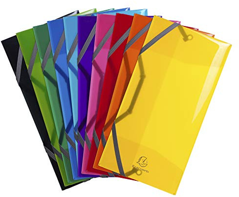 Exacompta - Ref. 55770E - Kartong med 10 st elastiska Iderama PP-skjortor - fickor med 3 flikar - i halvgenomskinlig och glansig PP - Dim 12 x 23,5 cm för liggande dokument - diverse färger