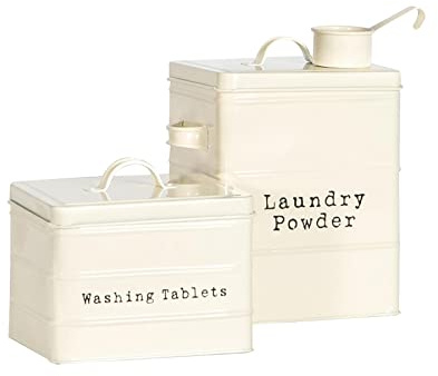 Harbour Housewares Kitchen Utility Canisters - 2pc - Cream - Steel Vintage Industrial Under Sink Storage Caddy Cupboard Organiser for Laundry Detergent, Washing Tablets
