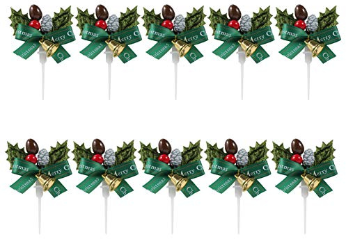 ABOOFAN Stechpalmenbeere Tortenaufsätze mit Schleife und Blättern, für Weihnachtskranz, Kuchen, Cupcake-Topper, Basteln, Hochzeit, Party, Dekoration, Grün, 10 Stück