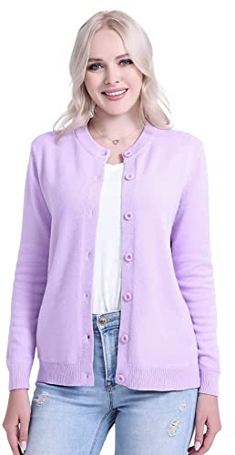 SMILING PINKER Damen Strickjacke Cardigan Basic Rundhalsausschnitt Strickmantel mit Knopf