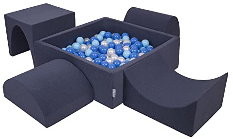 KiddyMoon Spielplatz Aus Schaumstoff Mit Quadrat Bällebad (300 Bälle) Ballgruben Für Babys Spielbad Hindernisläufen, Hergestellt In Der EU, Dunkelblau:Babyblue/Blau/Perle