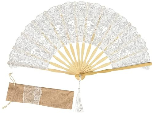 iZoeL Eventail Mariage Eventail Dentelle Soie Bois Brodée Blanc, Toile Jute Dentelle Pochette, Mariage Décoration Accessoires Decoration Fete - Léger Pliable - L - 42 x 23 cm