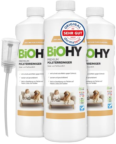 BiOHY Limpiador de Tapicerías Premium (3 botellas de 1 litro) + Dosificador | Concentrado para muebles tapizados, sofás, alfombras y textiles | quitamanchas que disuelven el olor (Premium Polster)
