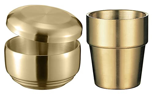 UPTALY 1 cuenco de cereales con tapa, 1 taza de café (color dorado, tipo grande B), vajilla de acero inoxidable 18/10 espesada, aislamiento térmico de doble pared, tazón de arroz con platillo
