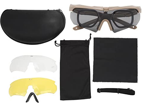 Lunettes de Tir avec étui, Lunettes de Sécurité Anti-buée pour la Chasse, Verres Interchangeables Unisexes, Lunettes Militaires de Protection en Plein Air, Lunettes Demi-monture Anti-vent(Kaki)