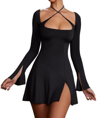 RPAEOY Vestito Donna Eleganti Manica Lunga Colletto Quadrato Cinturino Incrociato Senza Schienale Mini Casuale Abito da Sera Vestito Sexy Banchetto Festa Damigella d'Onore Cerimonia Cocktail (Nero,L)