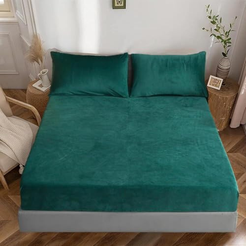 Luowei Lenzuolo con angoli elasticizzati, 90 x 200 cm, colore verde scuro, in velluto, extra caldo, in spugna, lenzuolo con angoli elasticizzati, 90 x 200 cm, per materasso alto, altezza 25 – 30 cm