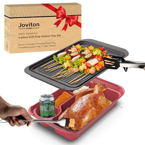 Joviton Home 4PCS Melamine Grill Prep Station Tray Set, Outdoor BBQ Grill Station Accessories for Raw and Cooked Food, BBQ Grill Tools Added