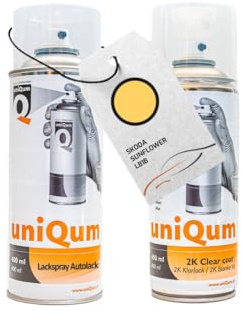 UniQum Autolack + Klarlack 2K Spraydose für SKODA SUNFLOWER LB1B Autolack Reparatur 2 x 400 ml