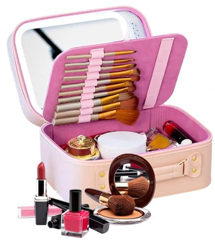 Reise Kosmetiktasche Mit Großem Fassungsvermögen Tragbare Reise Make Up Tasche, Professionelle Make Up Tasche Mit Beleuchtetem Spiegel, Portable Schminktasche Kulturtasche Organizer