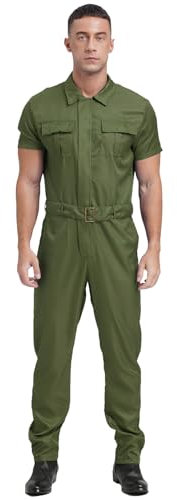 Sywiyi Herren Kurzarm Overall Jumpsuit Lange Einteiler Arbeitsoverall mit Gürtel Zipper Maleranzug Arbeitskleidung Armeegrün M