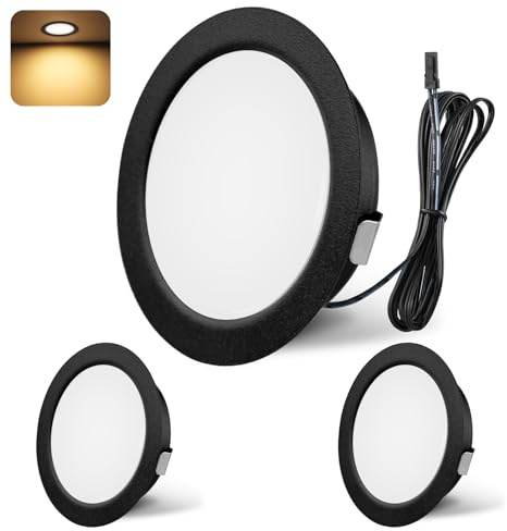 YindaLux 3x LED Einbaustrahler 12V DC Schwarz 3W 3000K Dimmbar Loch 55-58mm | 300LM, Warmweiß, 2m Kabel, Aluminiumgehäuse, Rund, Spot für Wohnwagen Boot Küche Kleiderschrank, Ohne Transformator
