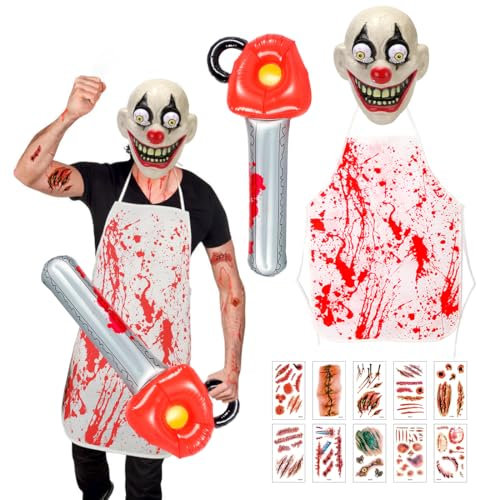 Epokus Serienmörder Clown Kostüm, Gruselige Halloween Männer Kostüme, Horror Clown Maske Blutige Aufkleber Schürze Aufblasbare Kettensäge für Halloween Karneval Motto Grusel Cosplay Fasching Party