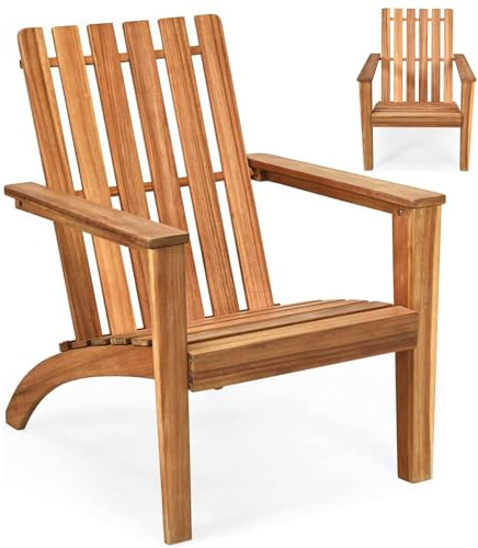 SFAREST Outdoor Adirondack Chair, Solid Acacia Wood Fire Pit Chair with Slatted Back & Ergonomic Armrests, All-weather Armchair Garden Furniture for Patio Balcony Backyard (Natural)