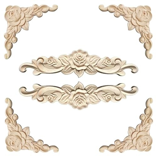 Hezhou 6 Pcs Holzornamente für Möbel Vintage Holzornament | Zierleisten Holzornamente Ecke Holzschnitzerei Applique Ornament Holz Skulptur Corner Holzornamentes