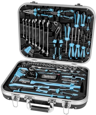 Quantool Werkzeugkoffer, 120-teilig - Werkzeugset aus Chrom-Vanadium- & S2-Stahl - inkl. Zangen, Knarre, Feile, Hammer, Schraubendreher, Steckschlüssel & Bits - Deutschland Edition | Q25120